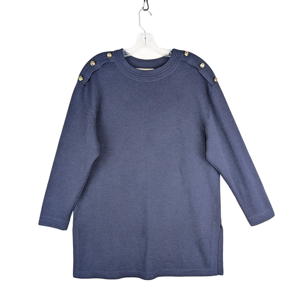 St. John Knit Sweater Womens Medium Blue Gold Button Shoulder Santana Knit
